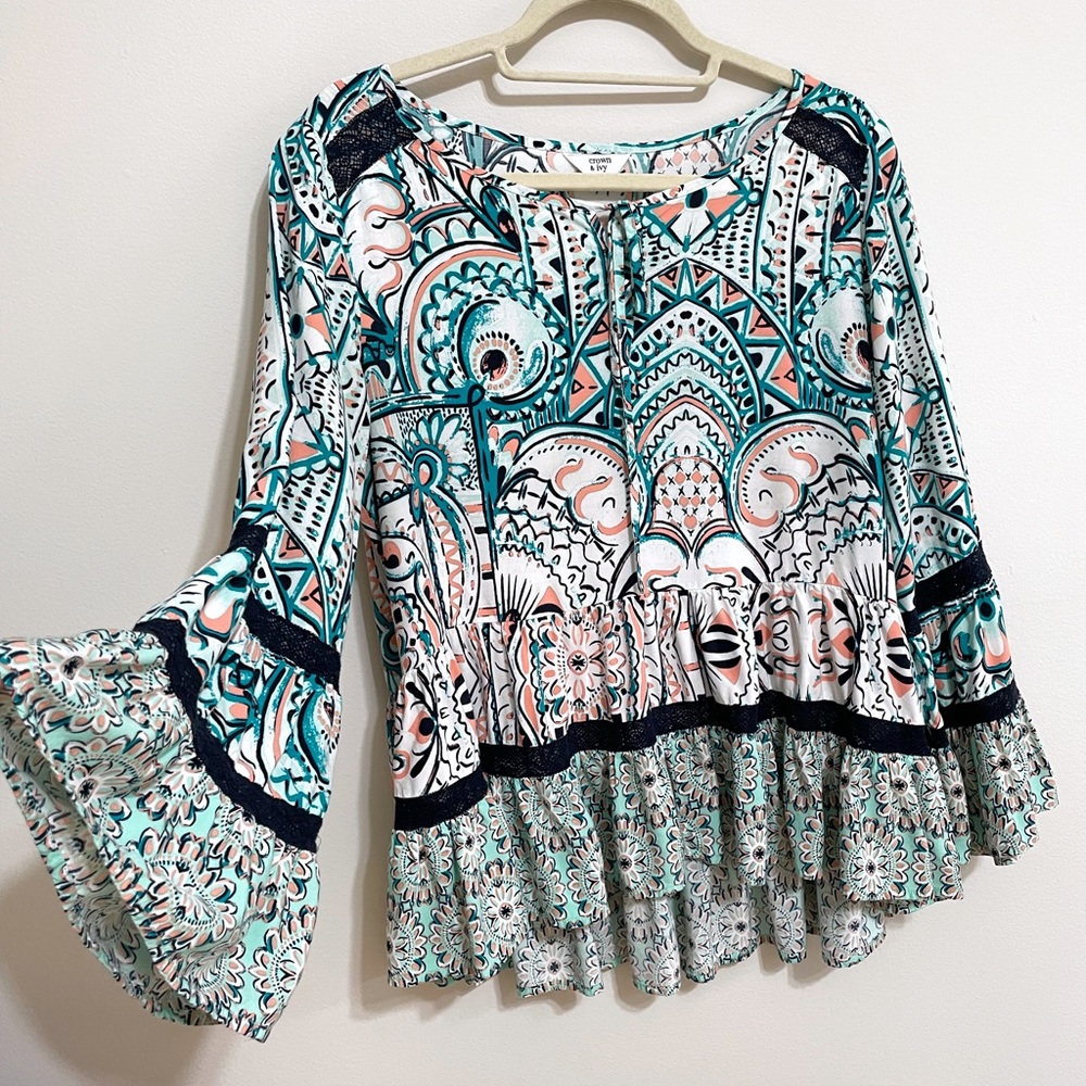 Peplum Bohemian Blouse with Vibrant Fun Print and Bell Sleeves by Crown and Ivy